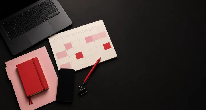 Booking calendar, laptop, and red notebook